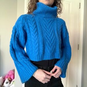 Elan women’s royal blue cropped cable knit turtleneck long sleeve sweater
